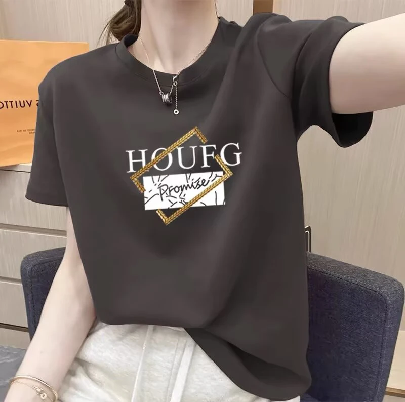 烫印常规款圆领短袖T恤大码情侣小衫半袖设计感夏季休闲印花简约