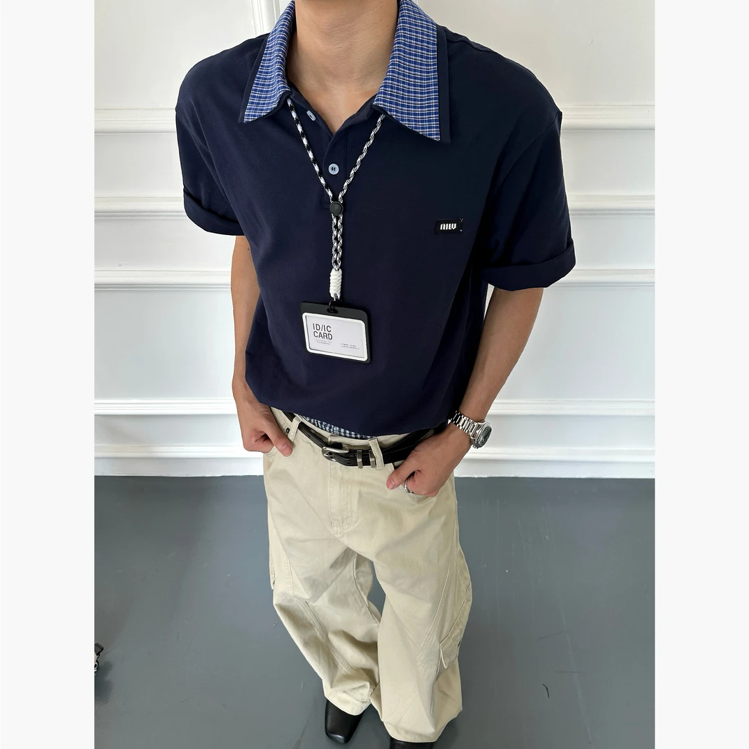 CZ2美式复古拼接双领polo短袖男女宽松T恤休闲撞色情侣上衣