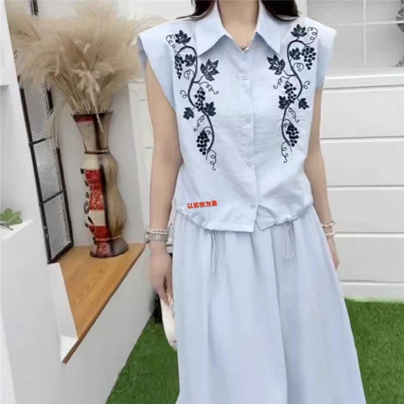 气质套装时尚休闲百搭宽松无袖绣花夏季国风中式印花民族风25130