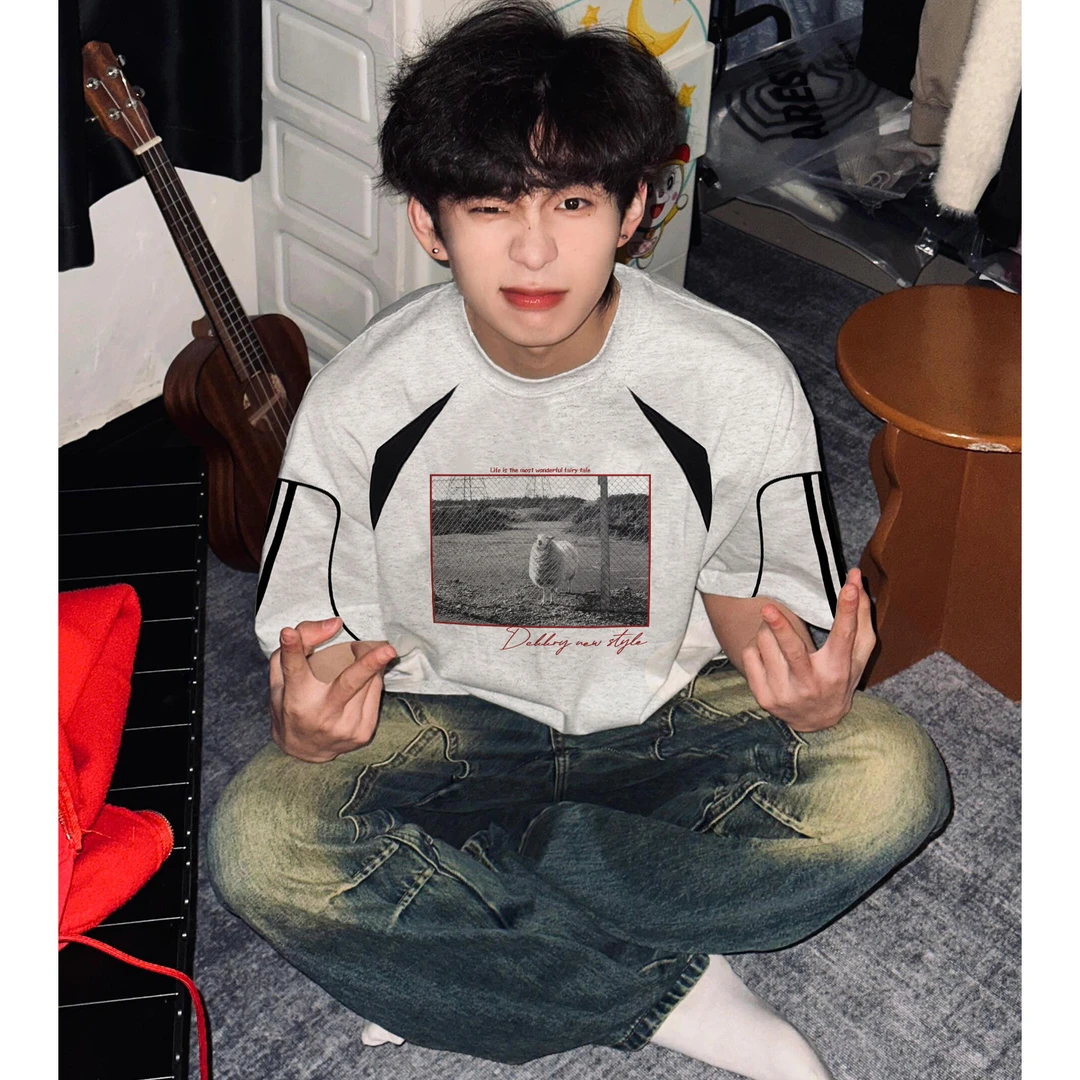 100%美式潮流设计小羊印花纯棉短袖t恤男女夏季宽松情侣百搭上衣