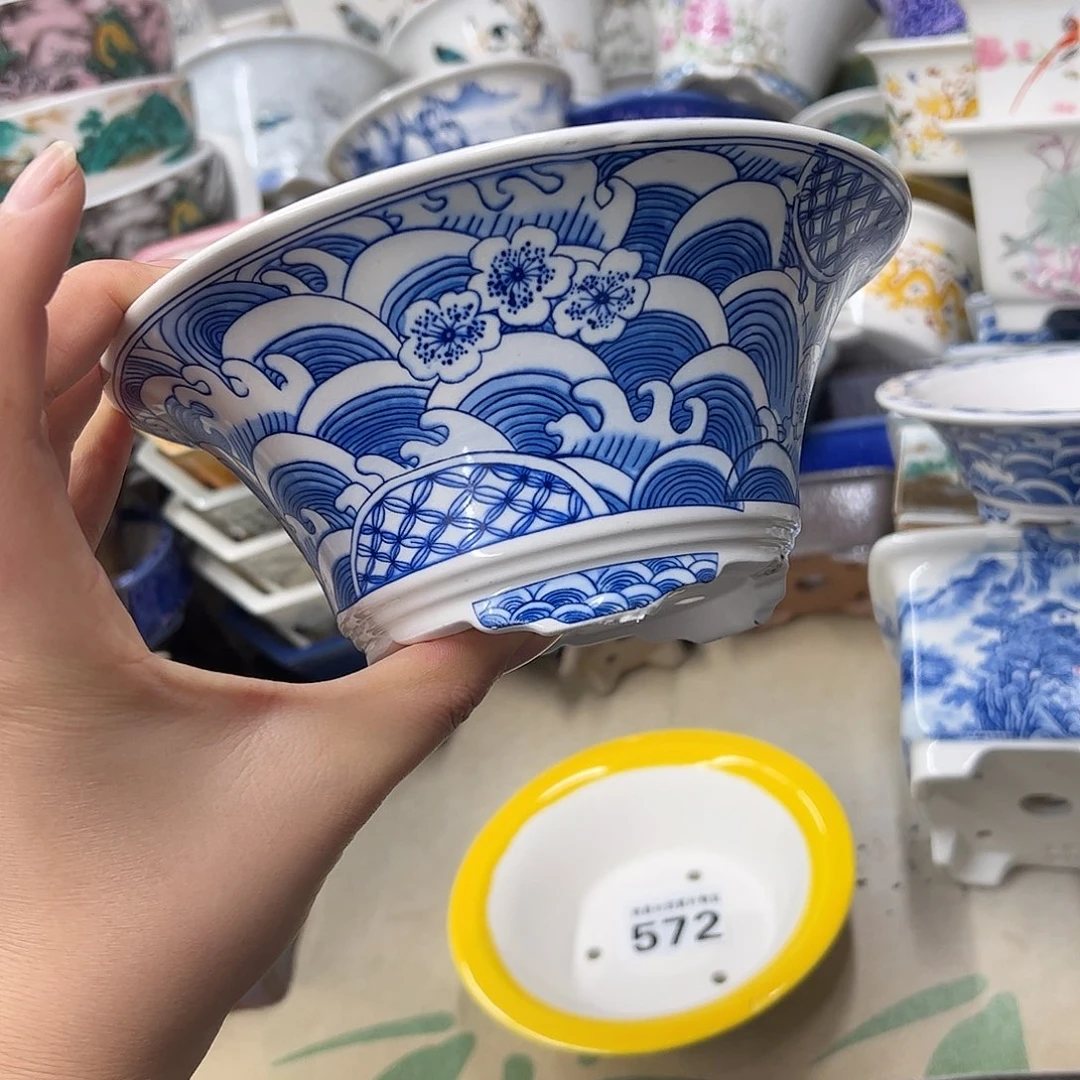 花盆紫砂551号瑕疵17/7cm仿手绘海浪花纹