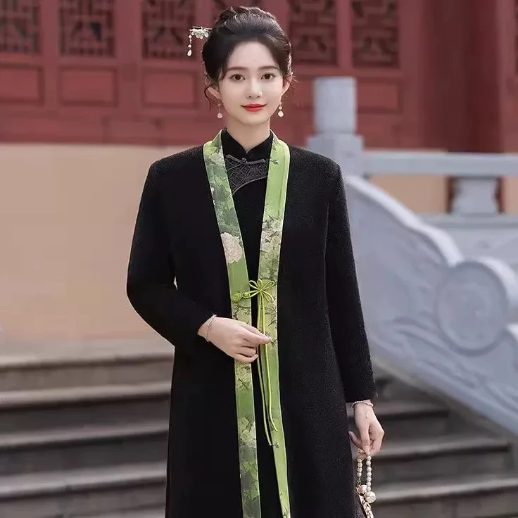 9111-中国风旗袍外套大衣女长款唐装改良秋冬气质复古盘扣禅意茶