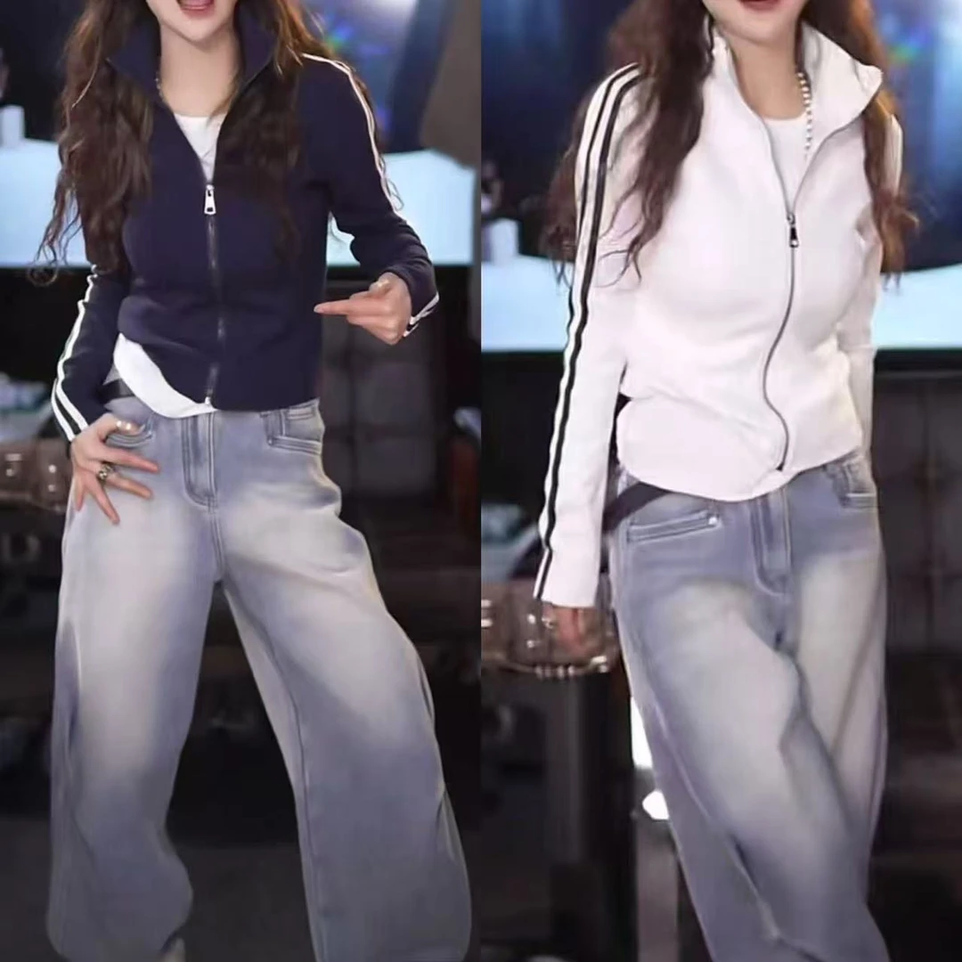 加绒加厚秋冬新款打底长袖黑白拼色修身显瘦上衣外套