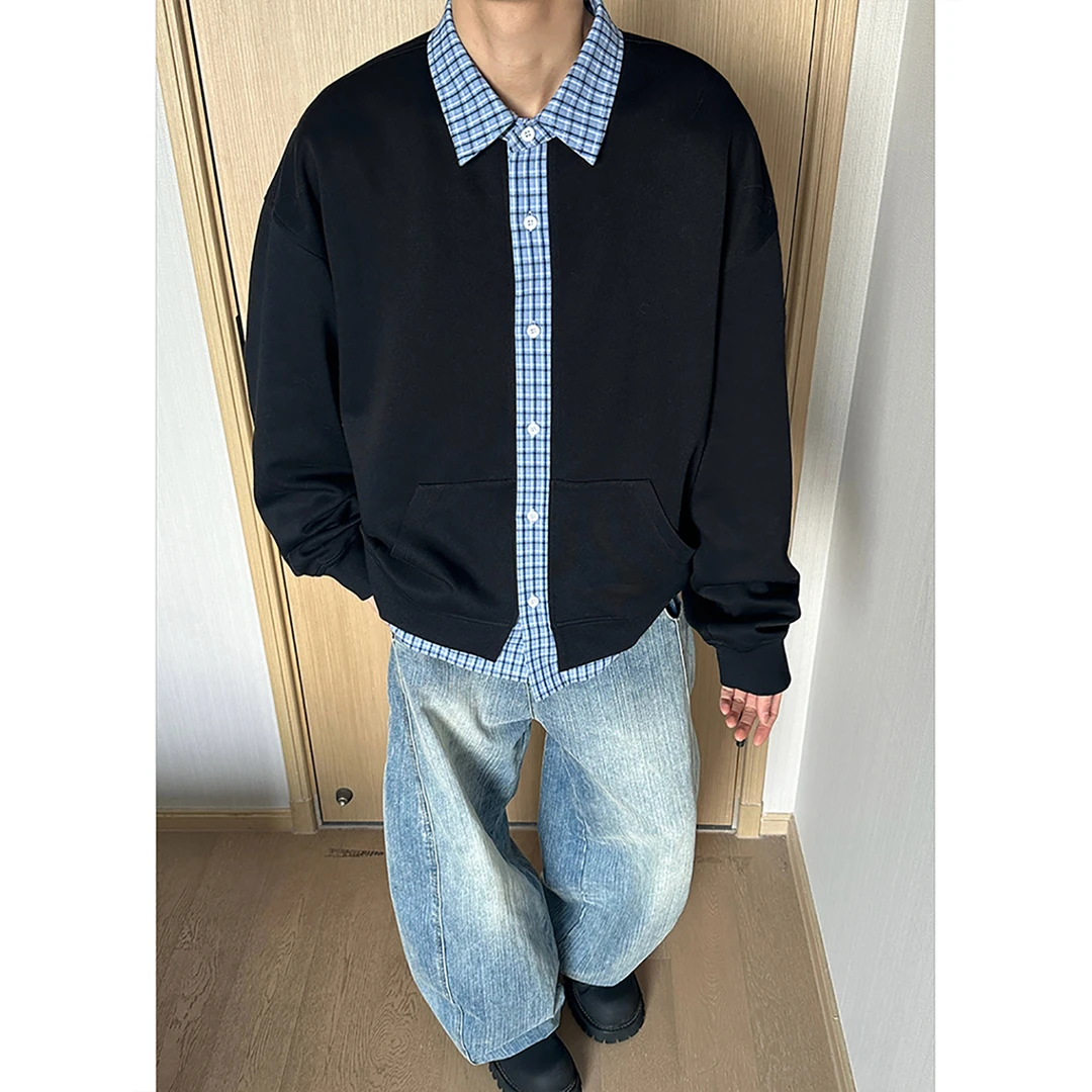 美式复古假两件卫衣开衫男款秋季格子拼接cleanfit慵懒风情侣外套