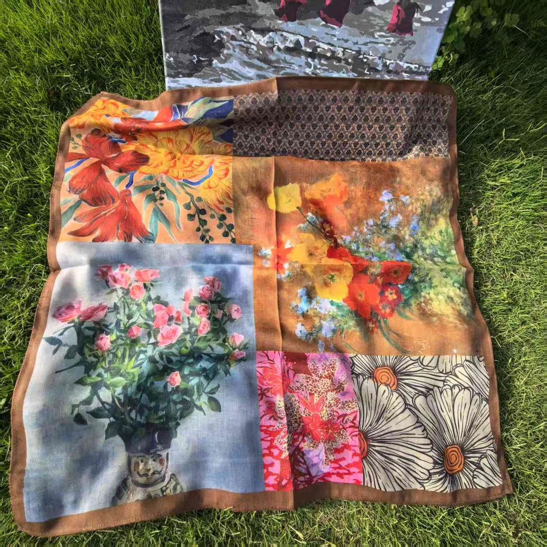 【百花】65*65双面棉优雅时尚百搭丝绸女士丝巾穿搭方便携带高级 女