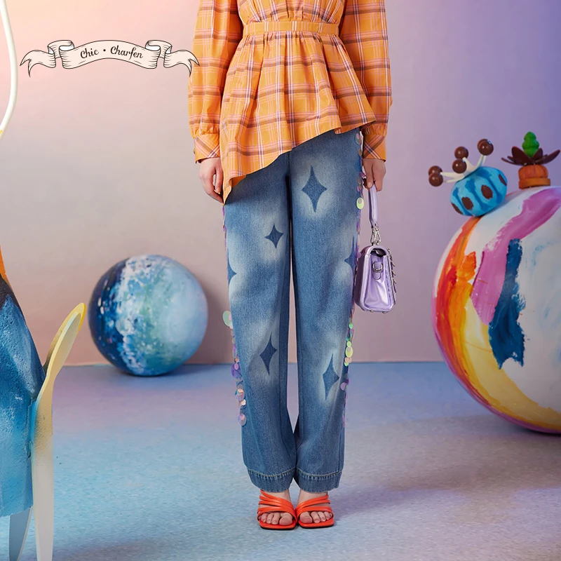 【达人专享】朝峰时尚复古亮片装饰宽松直筒牛仔裤CFD3A509-5106P