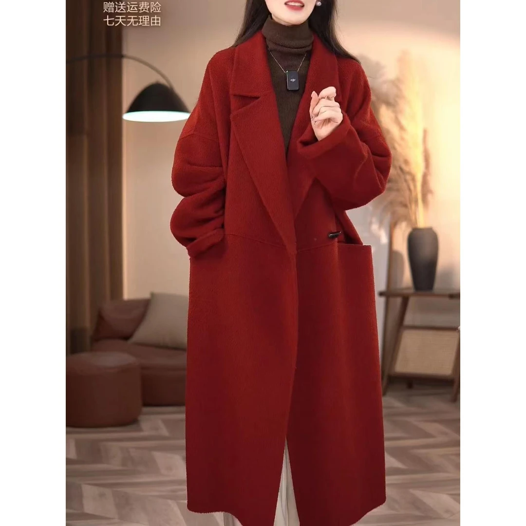 2025新款双面红色呢子大衣新年战袍中长款韩版羊毛斗篷大衣