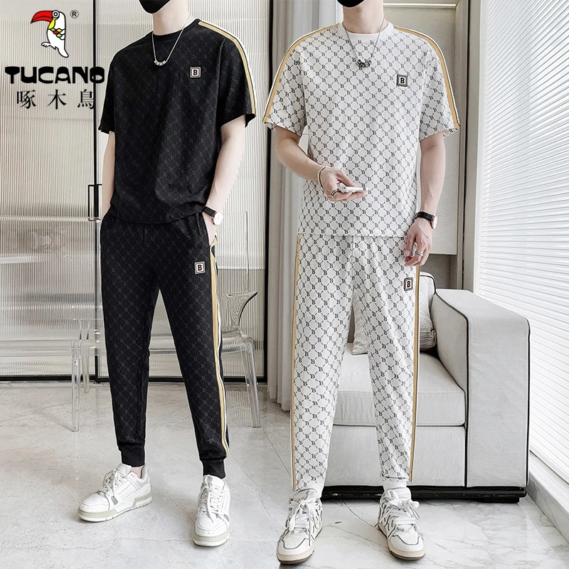 啄木鳥高档新款男士冰丝短袖t恤长裤运动套装夏季爆款男装两件套