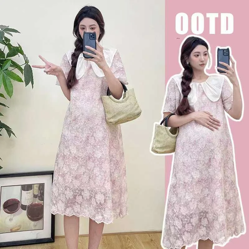 2025孕妇夏装新款温柔风连衣裙设计感钩花减龄宽松显瘦仙女裙