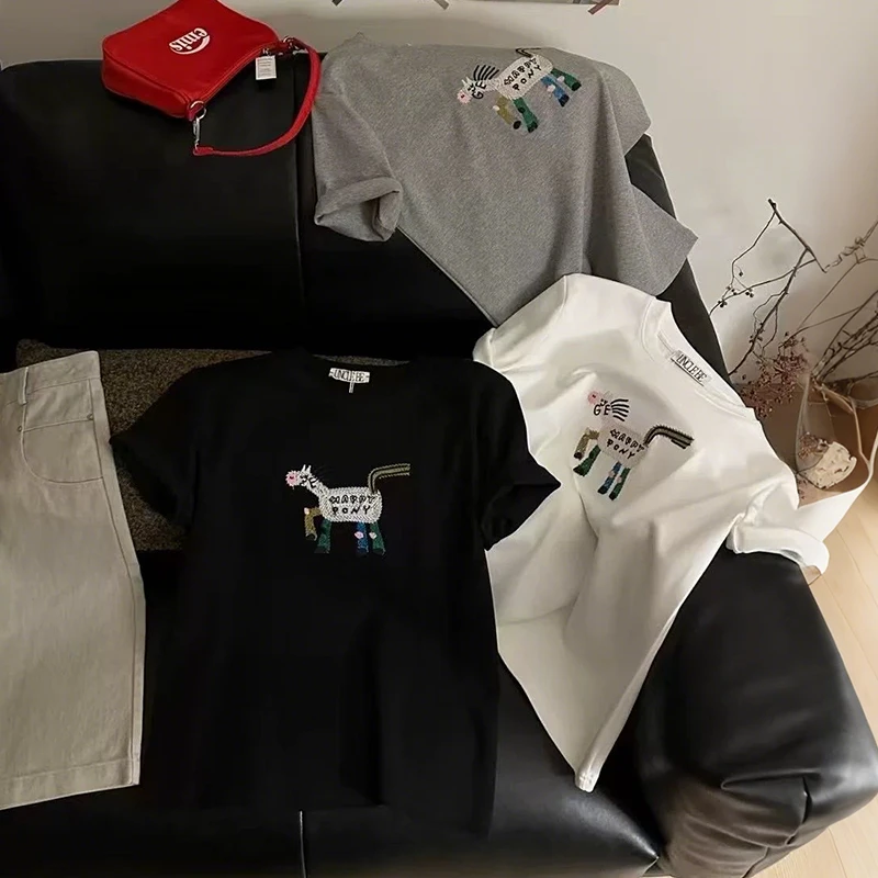 【莱赛尔天丝】重工刺绣卡通小马短袖新款洋气宽松圆领百搭上衣T226