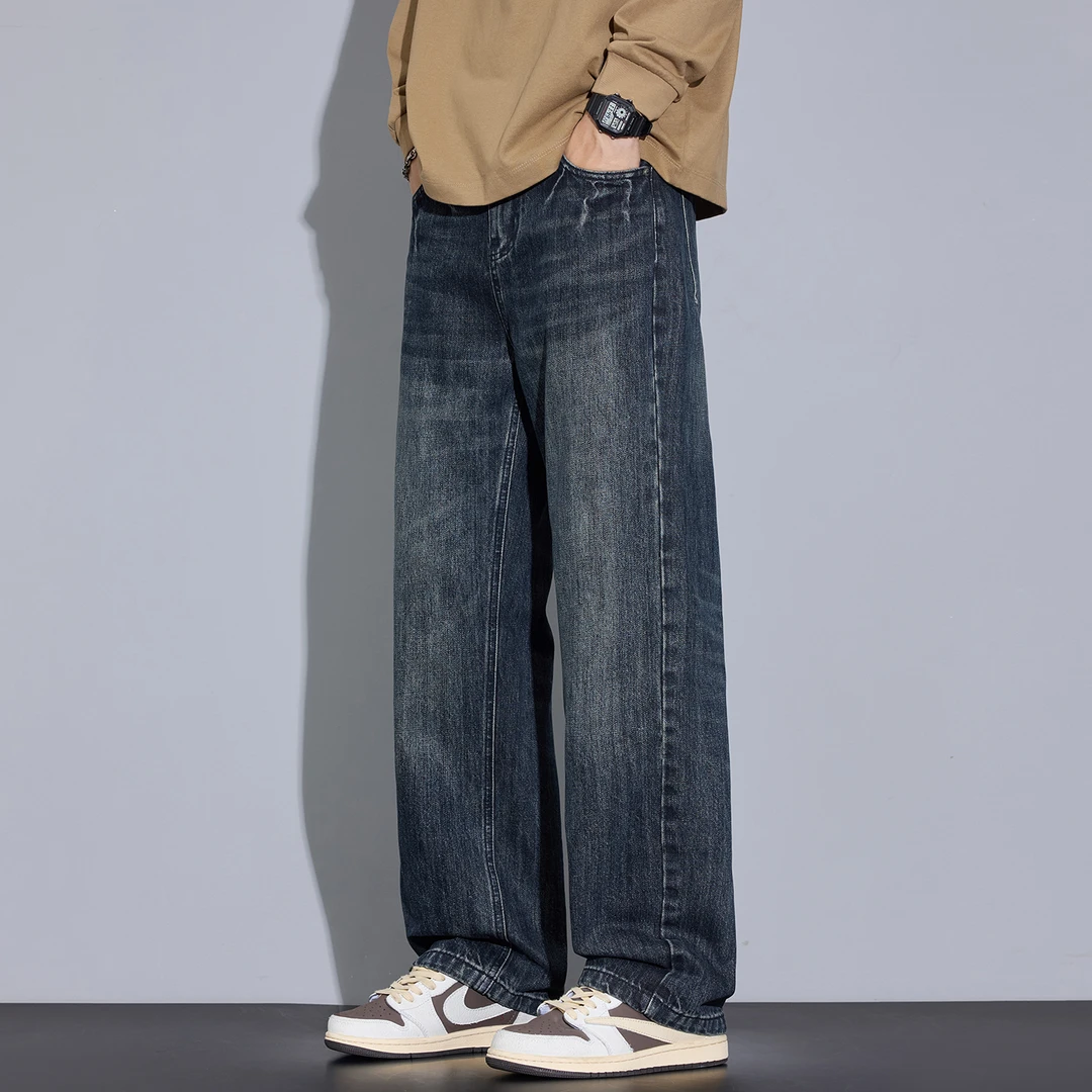 Kuvine蓝灰牛仔裤男生宽松阔腿2025年秋季新款帅气潮流穿搭男裤子
