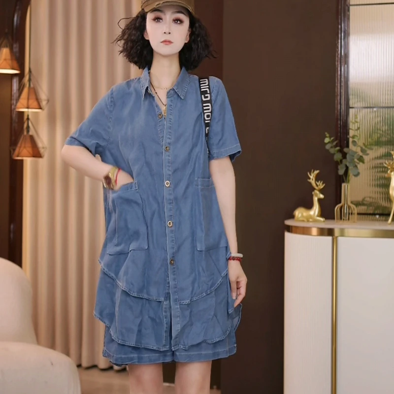 8912-868夏季新款2025宽松休闲大码牛仔色两件套套装女