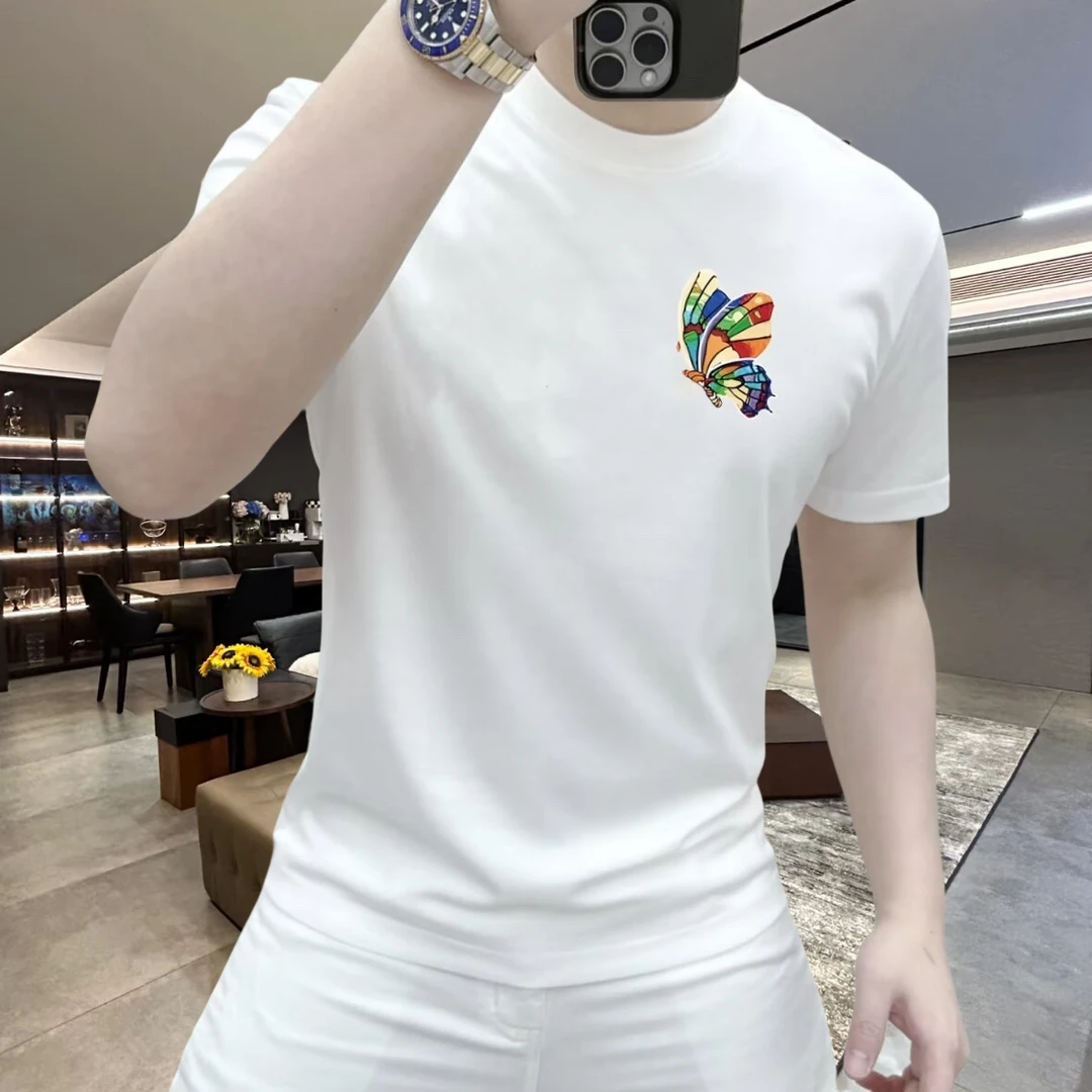 刺绣中年圆领夏季短袖蝴蝶T恤丝光棉轻奢薄雾城市风高品质半袖