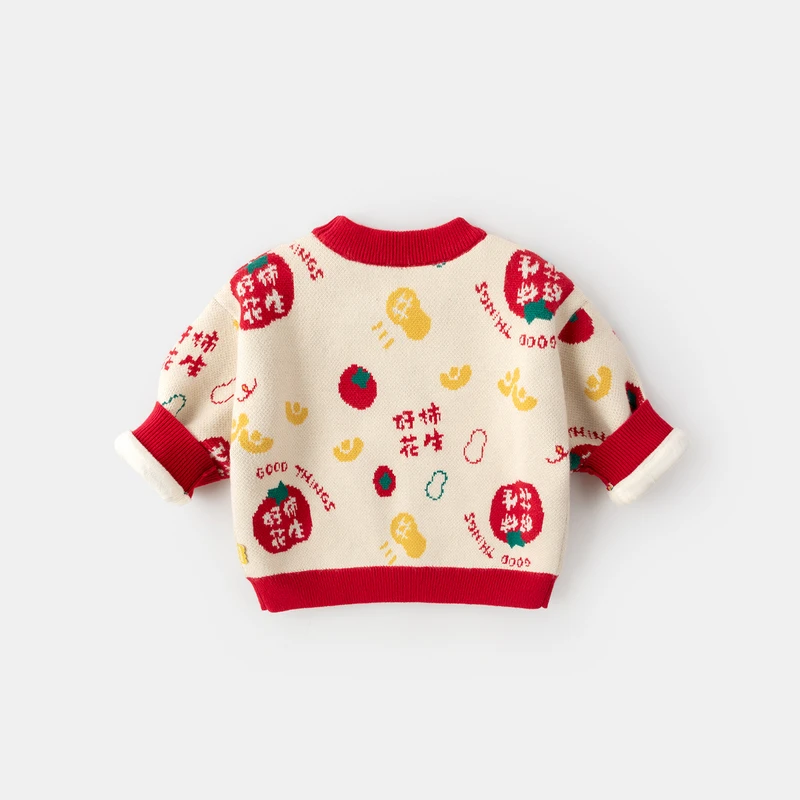 儿童新年衣服宝宝加绒加厚印花毛衣男童加绒冬装婴儿针织衫