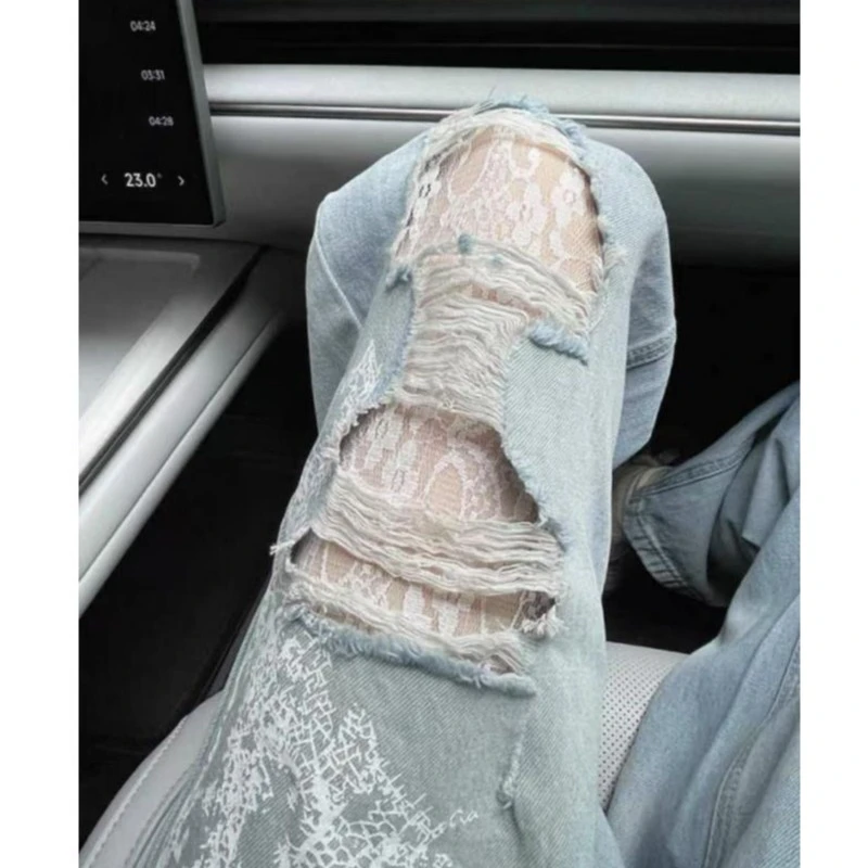 b1144新款时尚洋气印花破洞牛仔阔腿裤~不送蕾丝腰带