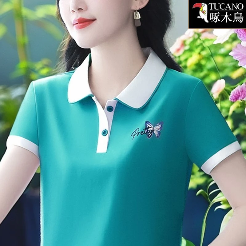啄木鸟夏季短袖运动纽扣POLO领T恤2025年新款印花休闲百搭上衣女