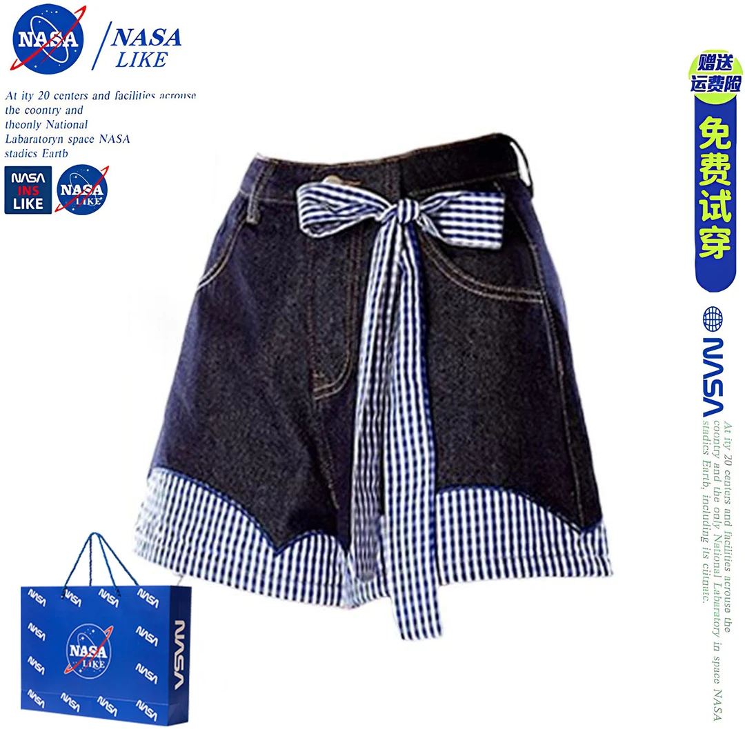 NASA深蓝色蝴蝶结拼接格子绑带牛仔短裤女夏季辣妹高腰a字热裤子