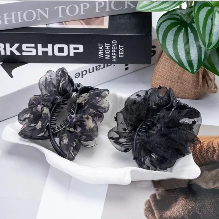 韩版新款印花抓夹女大号发夹后脑勺盘发鲨鱼夹发饰网红网纱头饰