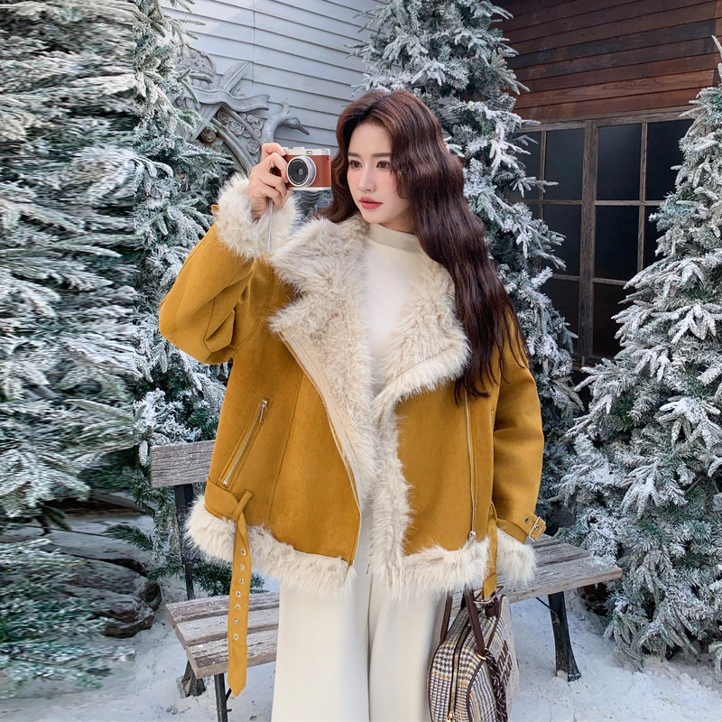 复古韩系机车风皮毛一体外套2025冬新款甜酷氛围感ins风加厚棉衣