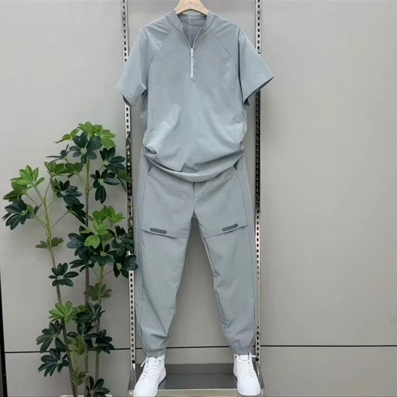 夏季男新款冰丝速干套装时尚立领半拉链短袖网眼休闲裤潮流两件套