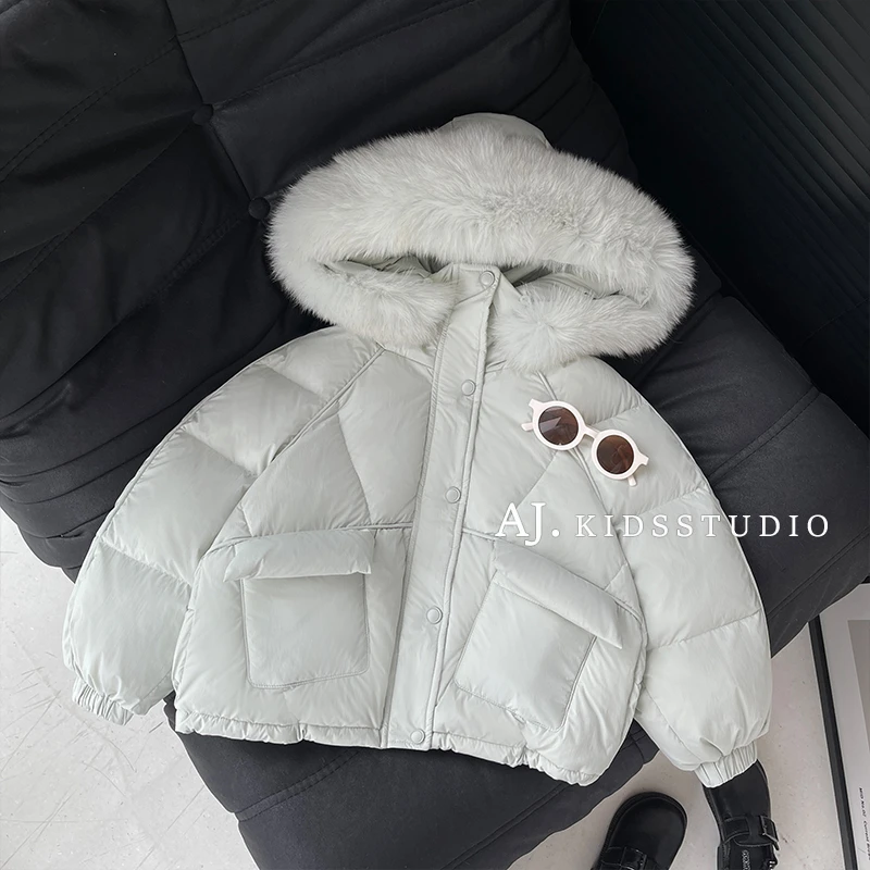 【Umi现货】冬装韩版儿童时尚纯色连帽保暖毛领棉服外套MPG5515