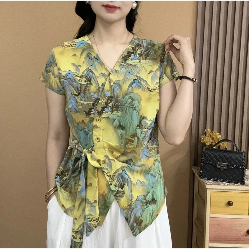 2025夏季新款山水画休闲短袖气质百搭V领显瘦开衫扣上衣小衫631