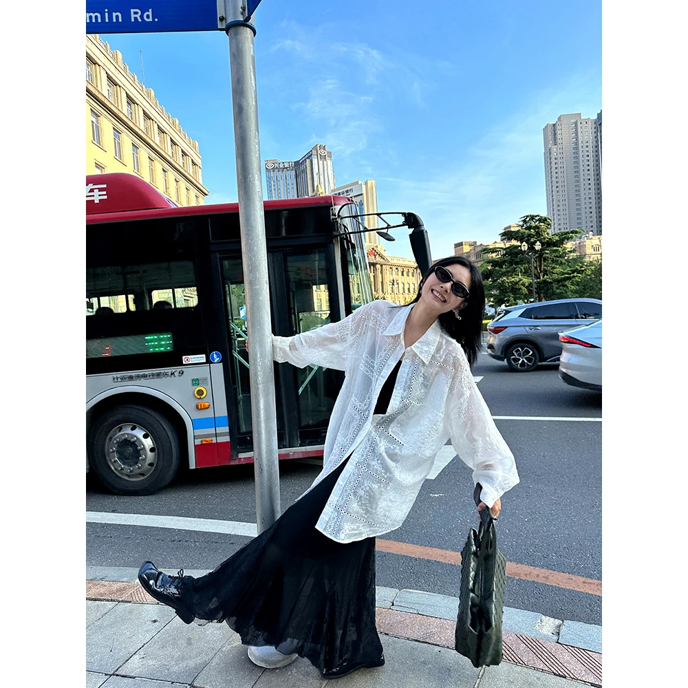 JCCC影子【月光织语】白色水溶绣花镂空宽松长袖衬衫JE5DBS11