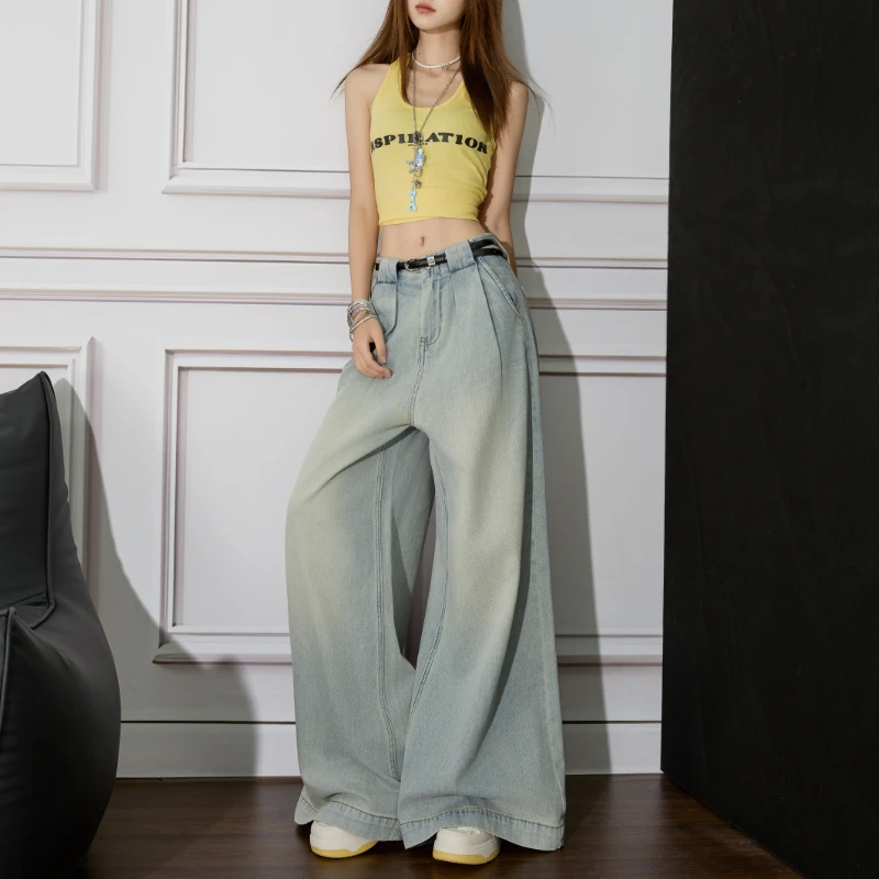 2025秋装清凉阔腿牛仔裤女春季新款高腰宽松小个子冰丝喇叭裤子