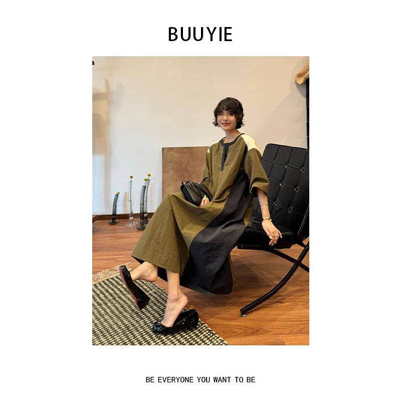 BUUYIE 25SS【碧影】极简风时尚洋气百搭款军绿连衣裙 250510