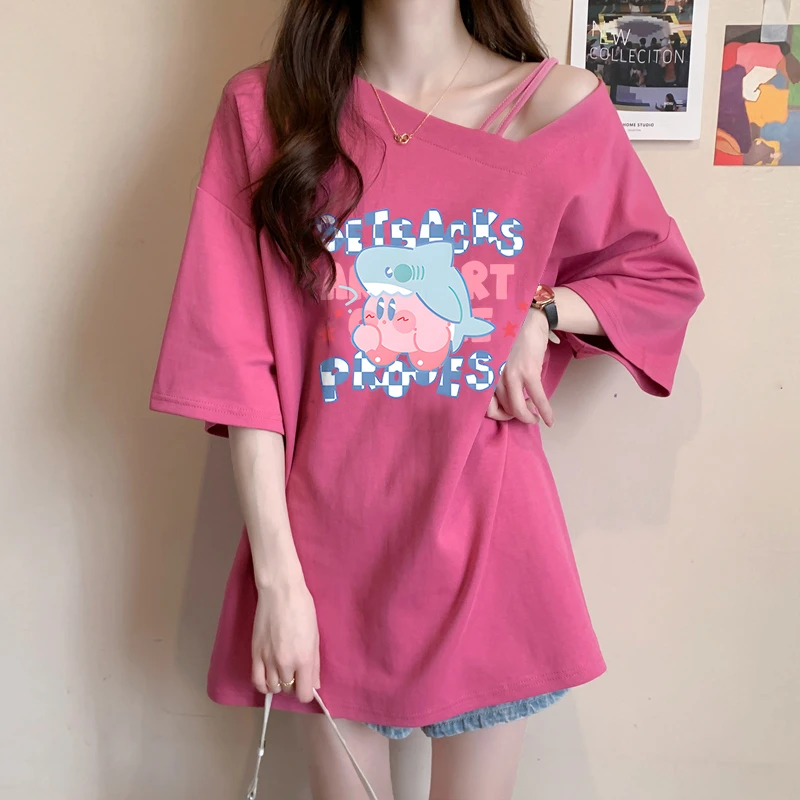 中长款斜领短袖t恤女夏季2025新款宽松小心机纯棉卡通减龄上衣ins