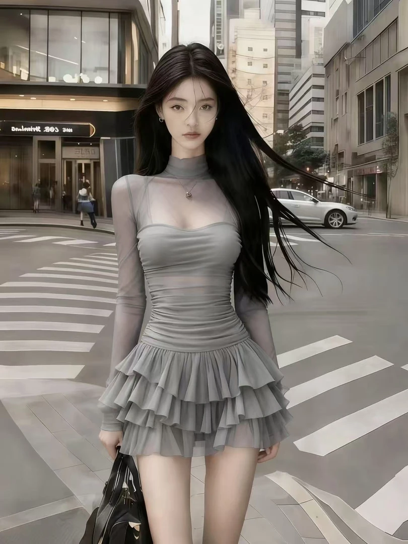 轻奢气质名媛纯欲风灰色半高领网纱拼接微透氛围感气质辣妹连衣裙