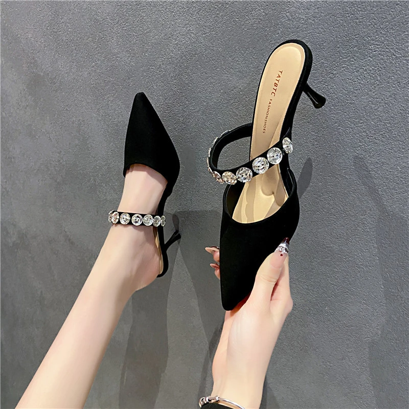 2025年夏季新品女鞋黑色一字带水钻亮饰高跟穆勒鞋低跟细跟半拖鞋