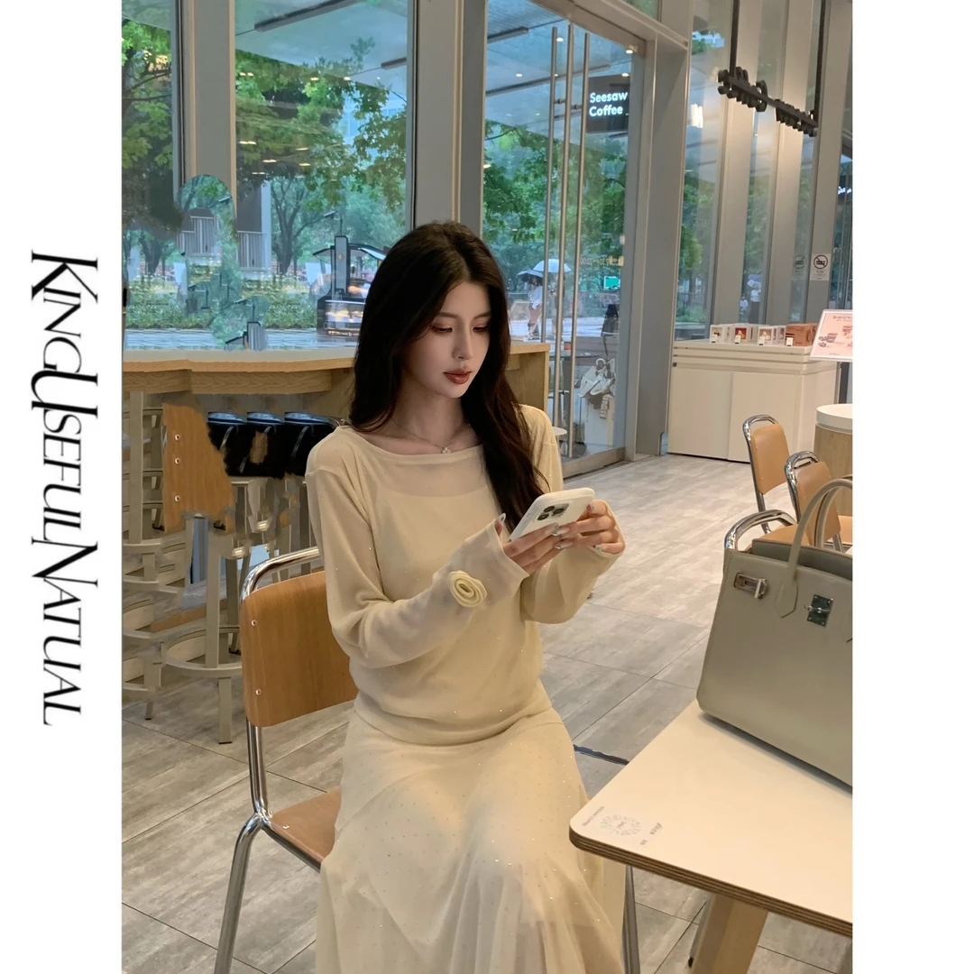 KUN【湖光夏】黄金比例 银丝针织满天星烫钻袖口手工钉花精致套装