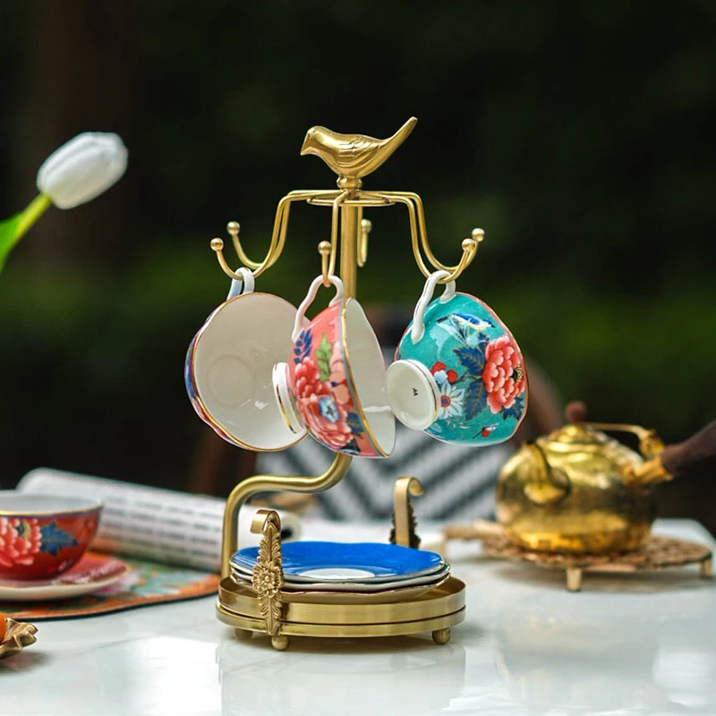 【奇居铜瓷】雀鸟黄铜6勾单层咖啡杯碟收纳架家用欧式轻奢杯架