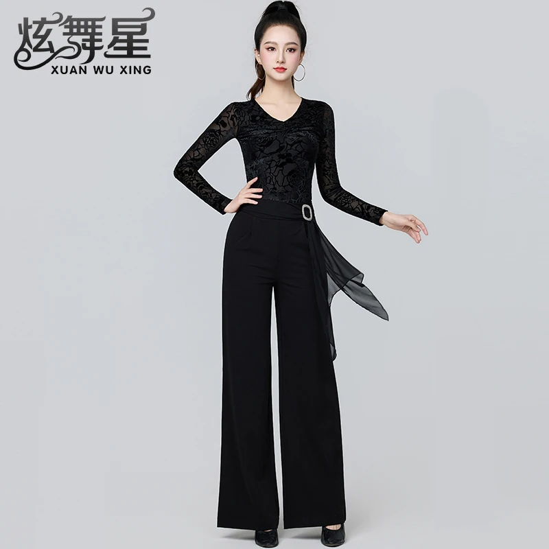 拉丁舞套装舞服女新款直筒飘带吉巴特跳舞服装摩登舞广场舞练功服