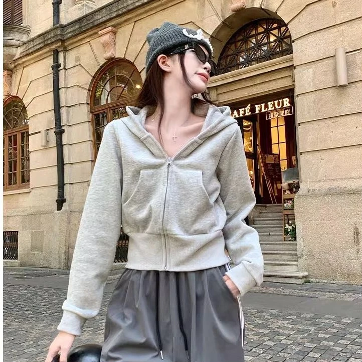 加绒卫衣+卫衣修身百搭灰色长袖卫衣上衣开衫短清冷系禅意衣服女