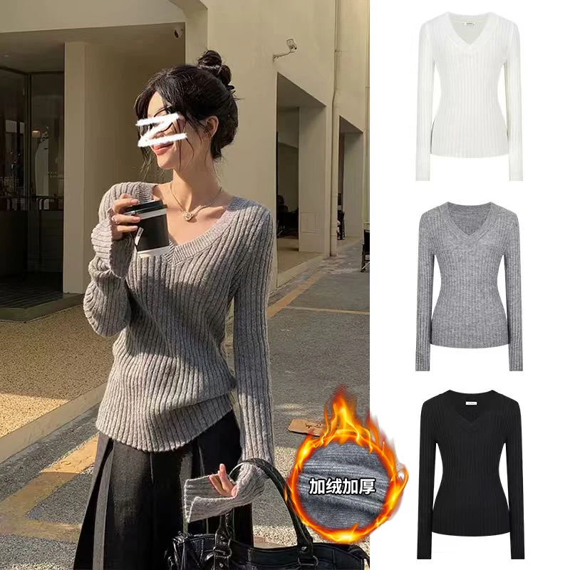 【运补6-8米】魔西女王纸片人慵懒感坑条针织衫女V领显瘦长袖上衣