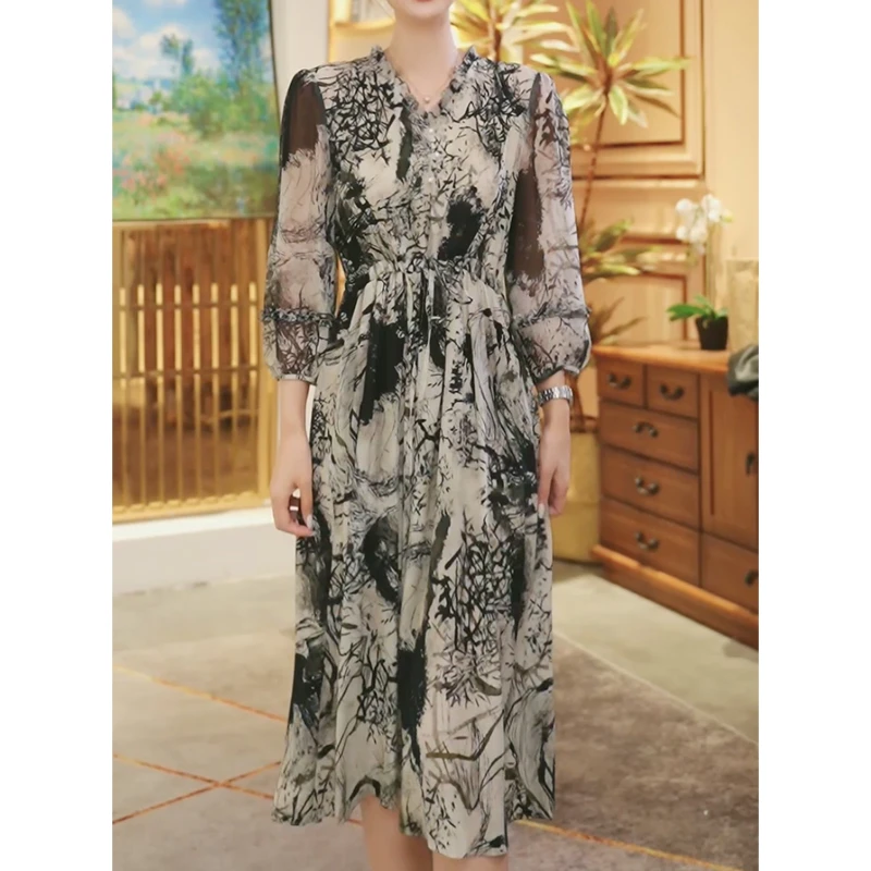 【堇兰桑蚕丝】春夏气质真丝裙印花收腰桑蚕丝连衣裙女YYQ22-825
