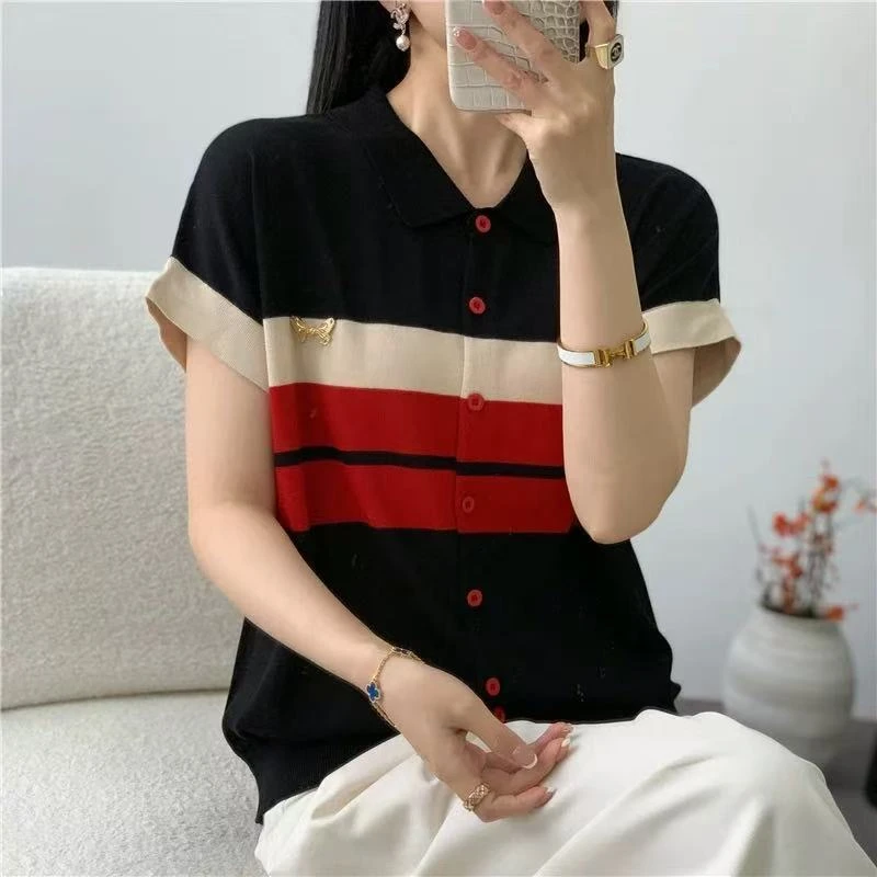 静静家翻领拼色显瘦开衫短袖T恤女士上衣 新选f1271 J03950