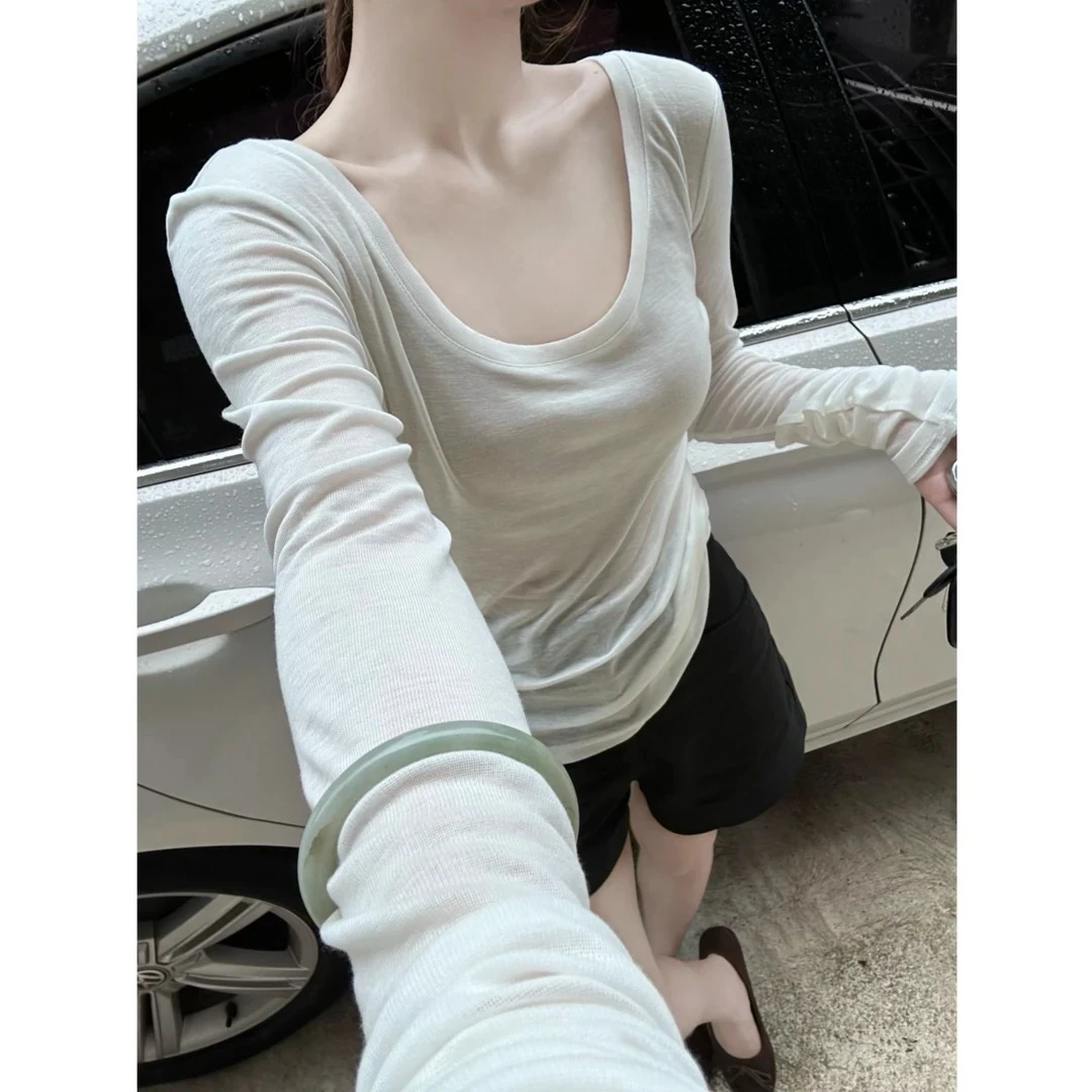 白色天丝羊毛薄款U领慵懒打底衫女装春秋新款内搭T恤微透长袖上衣