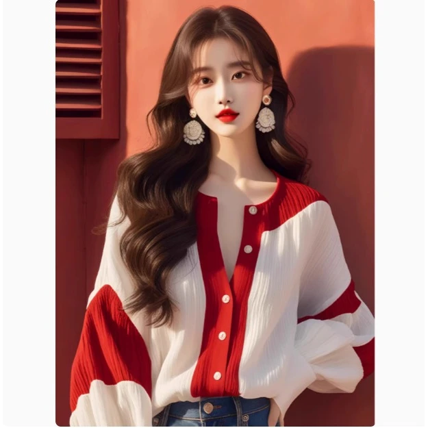 官图红白撞色灯笼袖雪纺衬衫早秋新款法式轻奢高级感别致上衣女装