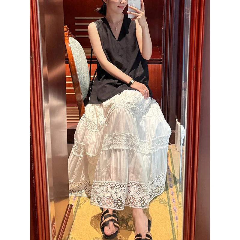 郭九九呢 天丝亚麻简约V领无袖上衣蕾丝拼接半身裙 G925A06672-1