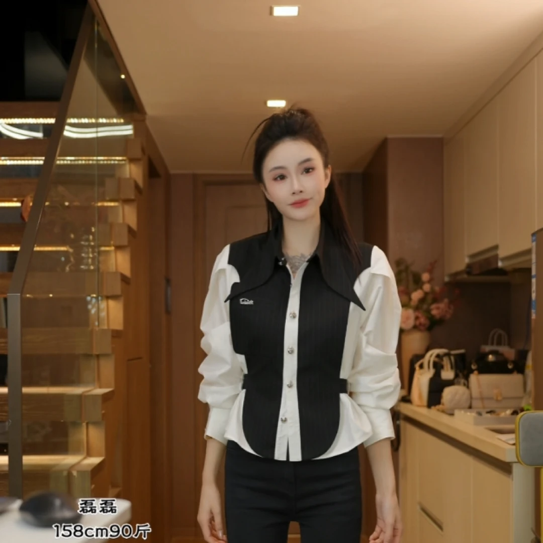 磊磊【极简腔调】学院风撞色拼接收腰长袖女士衬衫#88201