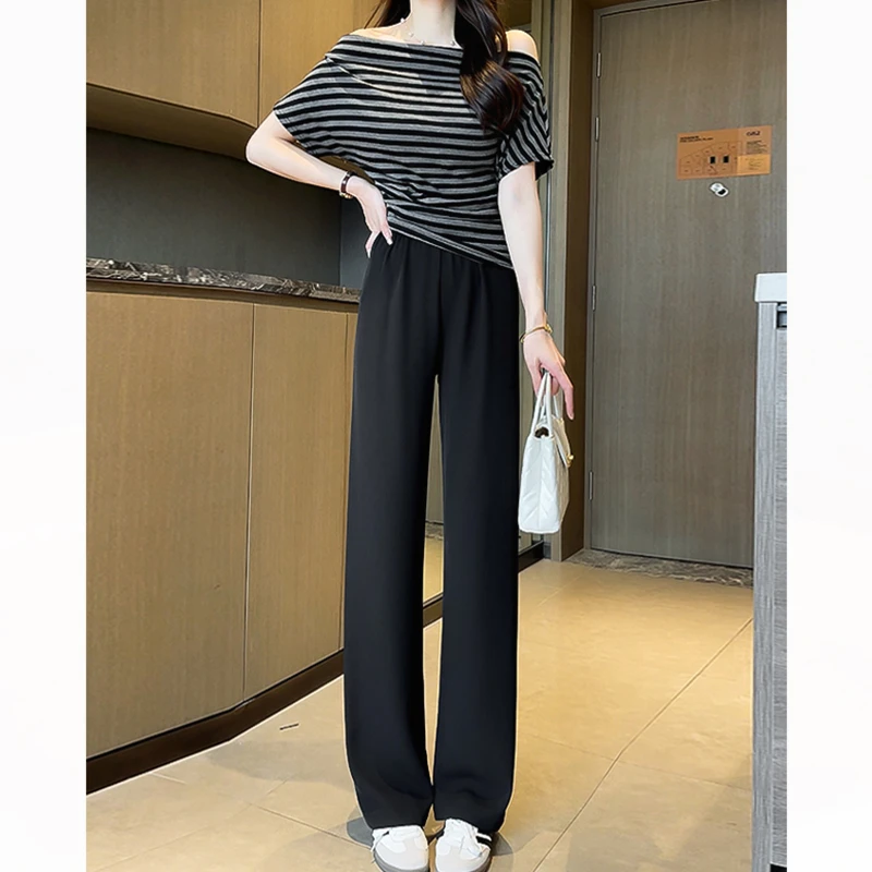 2025夏季垂感阔腿显瘦高腰窄版百搭薄款西装直筒拖地裤女K54366