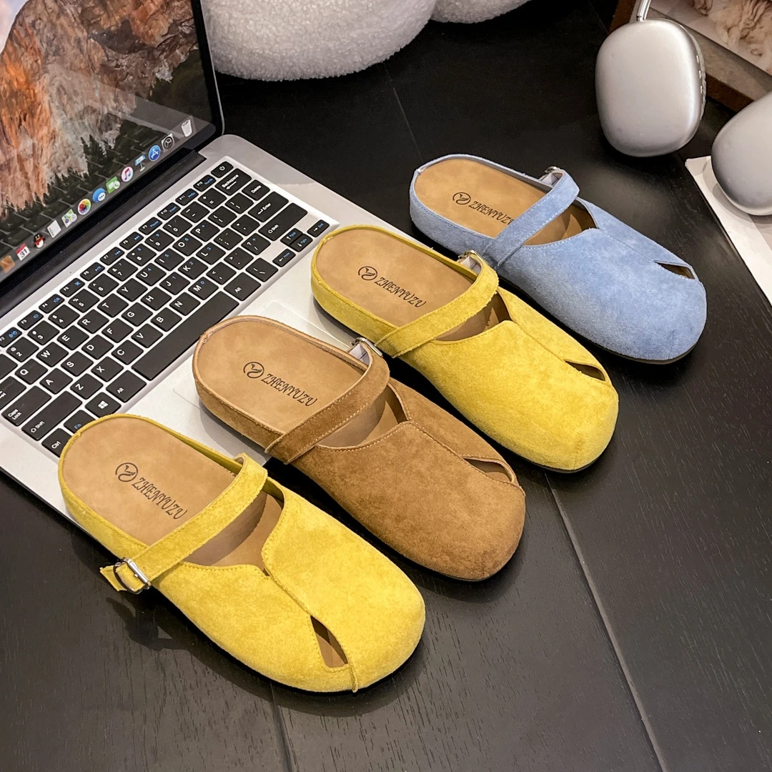 35-42码大码磨砂勃肯鞋包头半拖鞋女外穿2025新款厚底镂空凉拖鞋