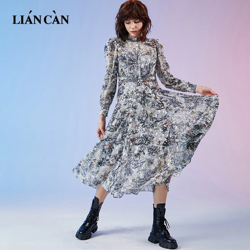 莲灿2024秋新法式甜酷风收腰铆钉烫金长裙雪纺连衣裙7121324020