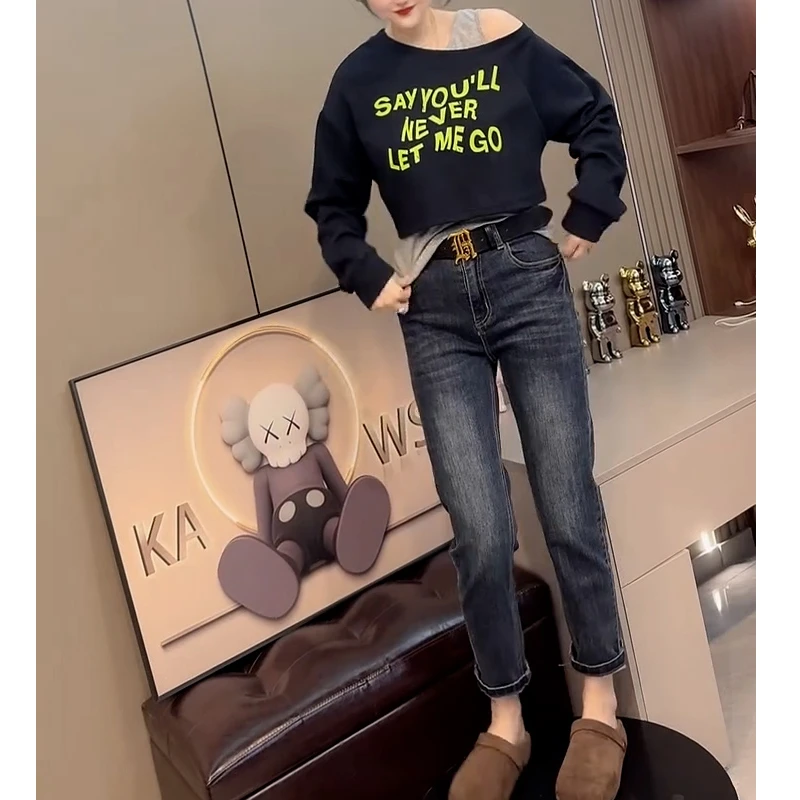 高腰弹力九分烟管牛仔裤女秋季新款大码胖mm显瘦遮胯小个子直筒裤