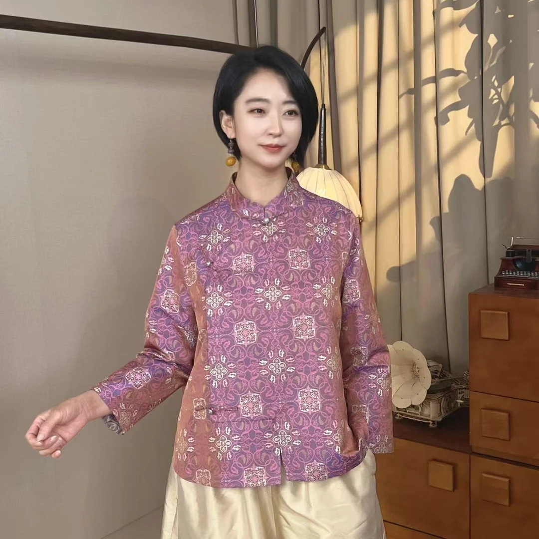 多元国风 新中式非遗古蜀锦重磅桑蚕丝双面穿衬衫上衣C20314