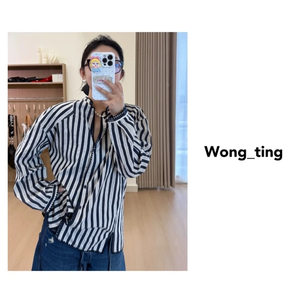 【wong_ting】小众设计师小v领刺绣锁边条纹衬衫5228