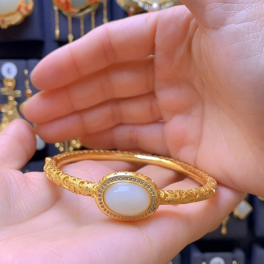 和田玉银S925镀金镶嵌手镯